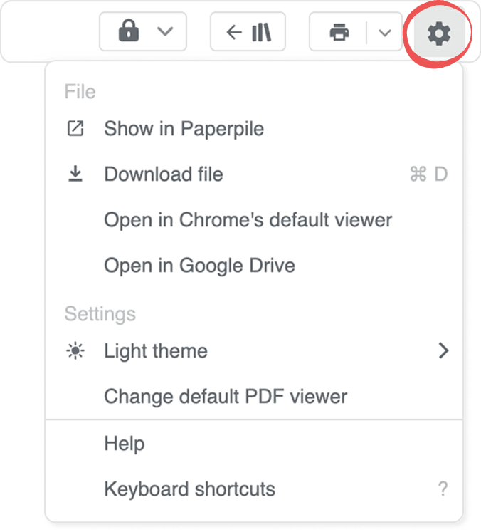 The PDF viewer’s circled gear menu open, with a File section offering “Show in Paperpile”, “Download file”, “Open in Chrome’s default viewer” and “Open in Google Drive”, and a Settings section with theme, default viewer, Help and shortcuts.